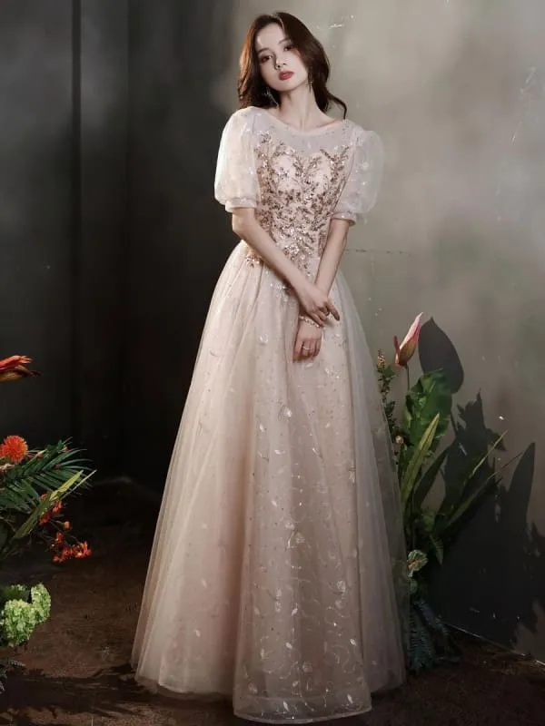 Apricot Evening Dress A-Line Jewel Neck Half Sleeves Lace-Up Applique Floor-Length Lace Formal Dinner Dresses