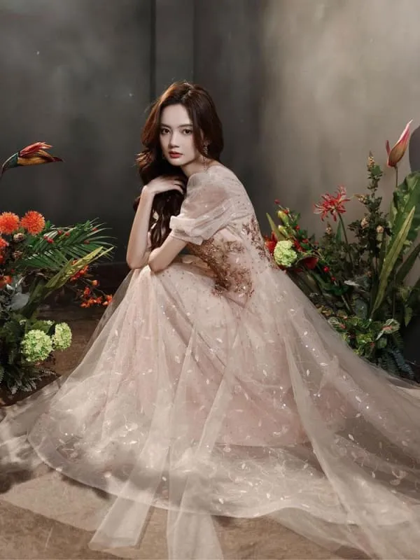 Apricot Evening Dress A-Line Jewel Neck Half Sleeves Lace-Up Applique Floor-Length Lace Formal Dinner Dresses