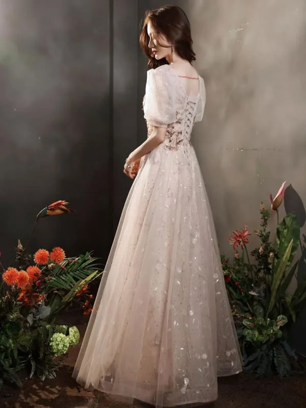Apricot Evening Dress A-Line Jewel Neck Half Sleeves Lace-Up Applique Floor-Length Lace Formal Dinner Dresses