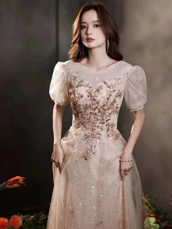 Apricot Evening Dress A-Line Jewel Neck Half Sleeves Lace-Up Applique Floor-Length Lace Formal Dinner Dresses