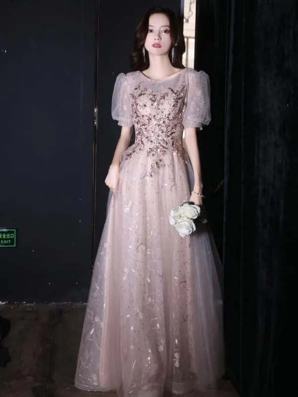 Apricot Evening Dress A-Line Jewel Neck Half Sleeves Lace-Up Applique Floor-Length Lace Formal Dinner Dresses