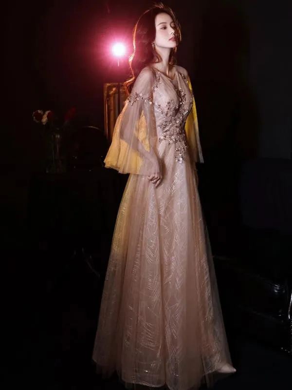 Apricot Evening Dress A-Line Jewel Neck Lace 3/4-Length Sleeves Applique Floor Length Formal Party Dresses