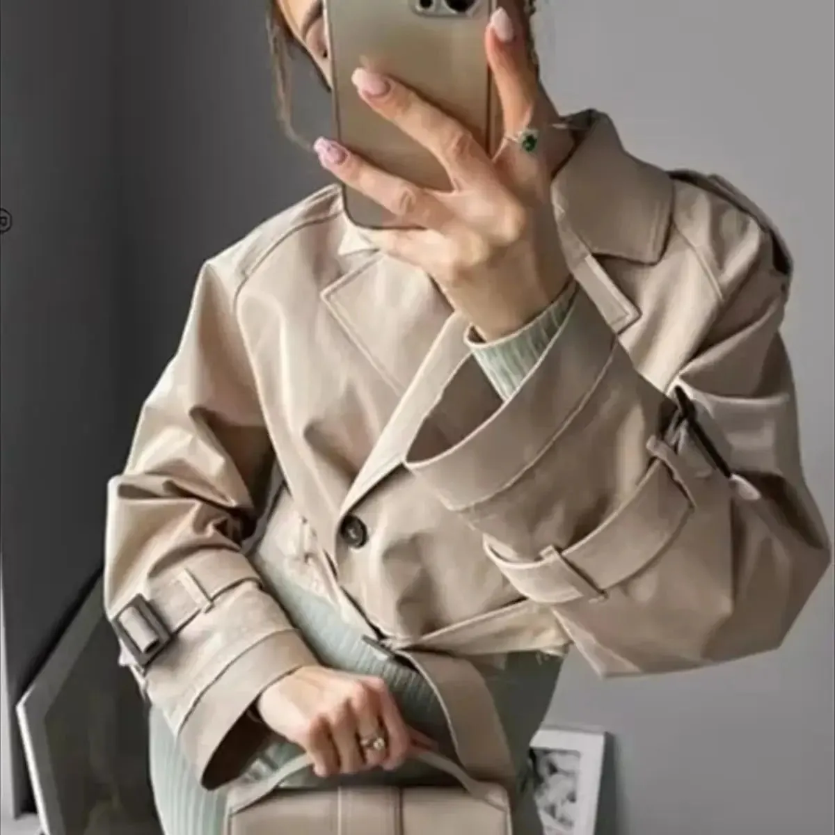 binfenxie Women Fashion Belt Cropped Coat Long Sleeve Turn Down Collar Short Jacket Vintage Chic Double Breasted Trench Coats Lady Outfit