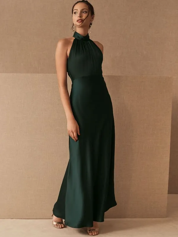 Black Evening Dress A-Line Sleeveless Halter Matte Satin Floor-Length Pleated Formal Dinner Dresses