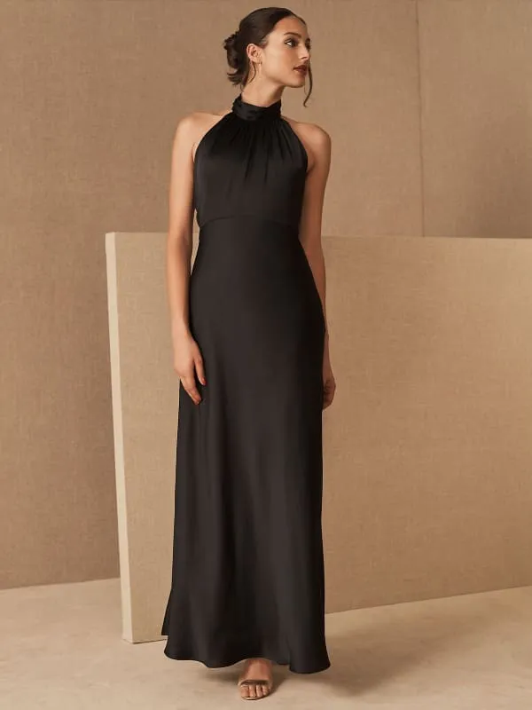 Black Evening Dress A-Line Sleeveless Halter Matte Satin Floor-Length Pleated Formal Dinner Dresses