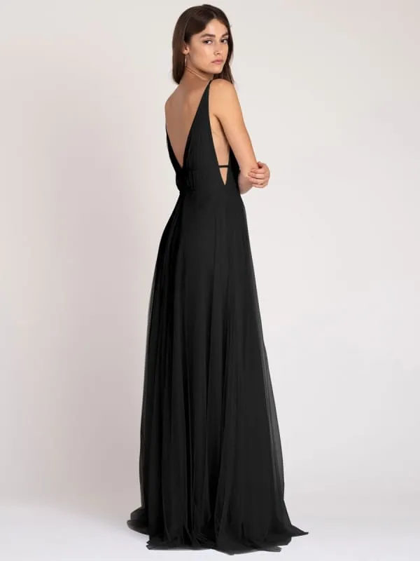Black Evening Dress A-Line Sleeveless V-Neck Floor-Length Zipper Pleated Tulle Social Party Dresses