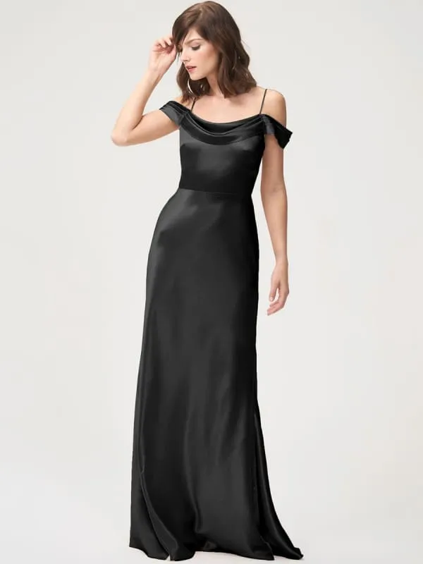 Black Evening Dress Sheath Bateau Neck Satin Fabric Floor-Length Pleated Floor-Length Formal Dinner Dresses