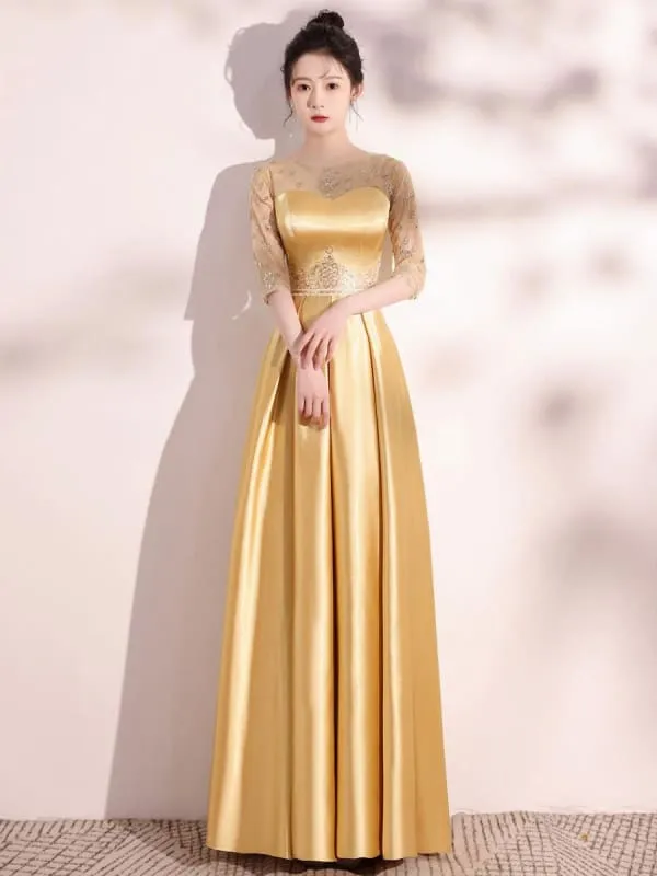 Blond Evening Dress A-Line Jewel Neck Half Sleeves Lace-Up Sequined Floor-Length Social Pageant Dresses