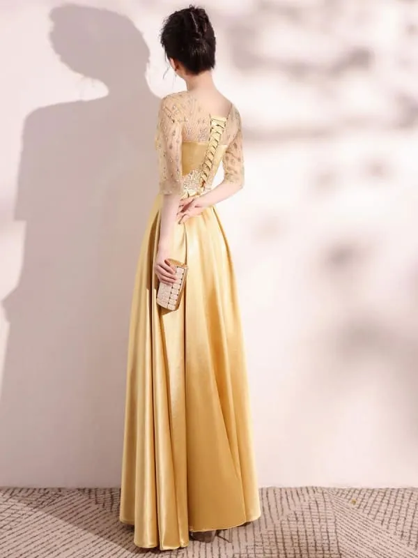 Blond Evening Dress A-Line Jewel Neck Half Sleeves Lace-Up Sequined Floor-Length Social Pageant Dresses