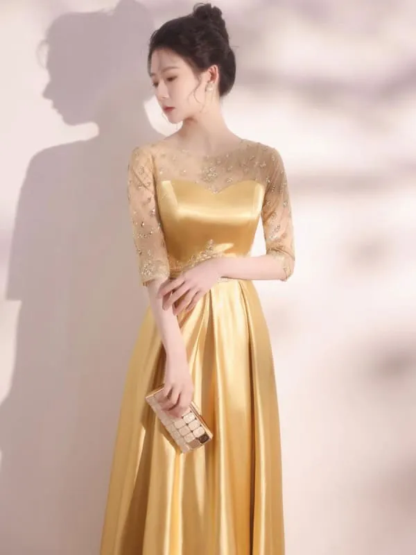Blond Evening Dress A-Line Jewel Neck Half Sleeves Lace-Up Sequined Floor-Length Social Pageant Dresses