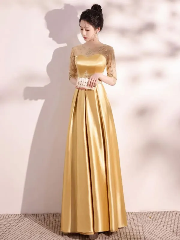 Blond Evening Dress A-Line Jewel Neck Half Sleeves Lace-Up Sequined Floor-Length Social Pageant Dresses