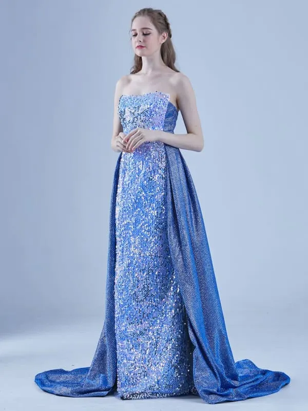 Blue Evening Dress A-Line Strapless Sweep Lace-Up Sequined Social Long Party Dresses