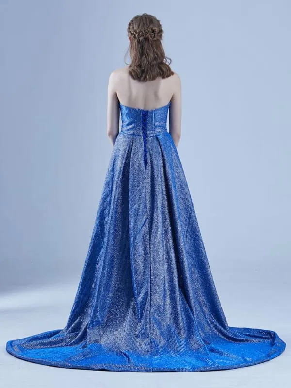 Blue Evening Dress A-Line Strapless Sweep Lace-Up Sequined Social Long Party Dresses