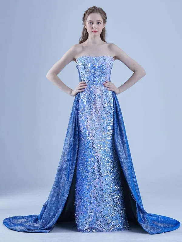Blue Evening Dress A-Line Strapless Sweep Lace-Up Sequined Social Long Party Dresses