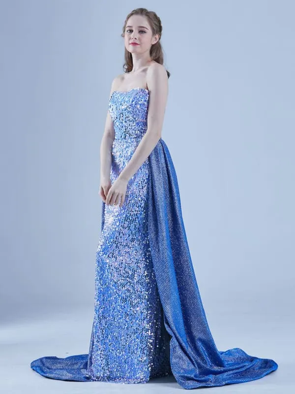 Blue Evening Dress A-Line Strapless Sweep Lace-Up Sequined Social Long Party Dresses