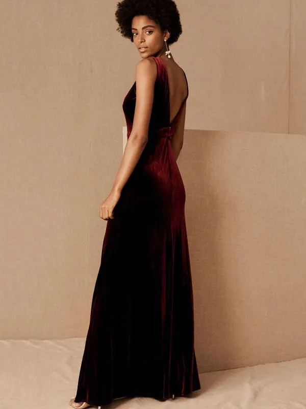 Brown Evening Dress A-Line V-Neck Floor-Length Sleeveless Zipper Velour Formal Dinner Dresses
