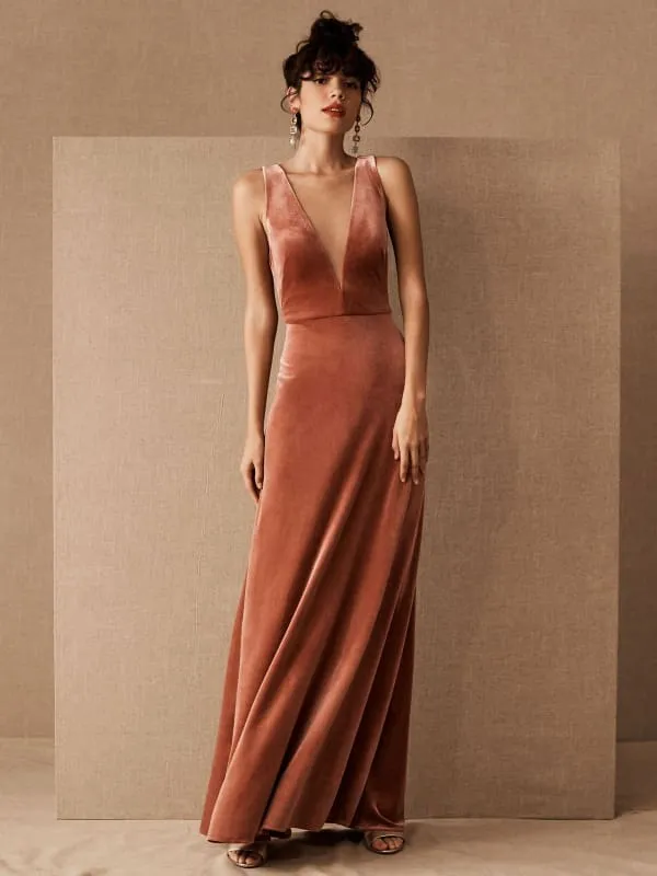 Brown Evening Dress A-Line V-Neck Floor-Length Sleeveless Zipper Velour Formal Dinner Dresses