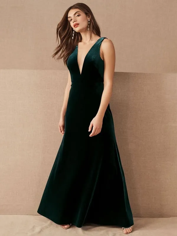 Brown Evening Dress A-Line V-Neck Floor-Length Sleeveless Zipper Velour Formal Dinner Dresses