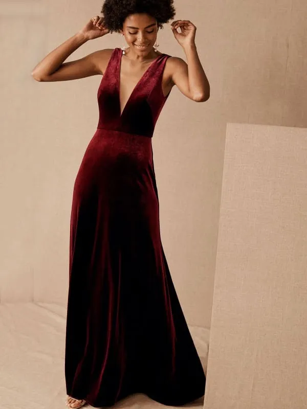 Brown Evening Dress A-Line V-Neck Floor-Length Sleeveless Zipper Velour Formal Dinner Dresses
