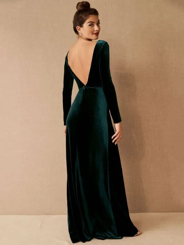 Burgundy Evening Dress A-Line V-Neck Long Sleeve Velour Floor-Length Formal Party Dresses