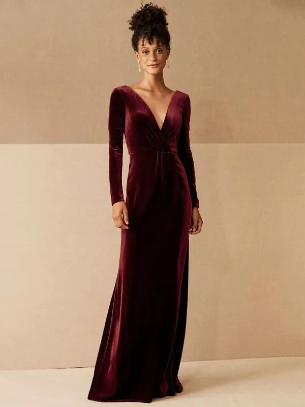 Burgundy Evening Dress A-Line V-Neck Long Sleeve Velour Floor-Length Formal Party Dresses