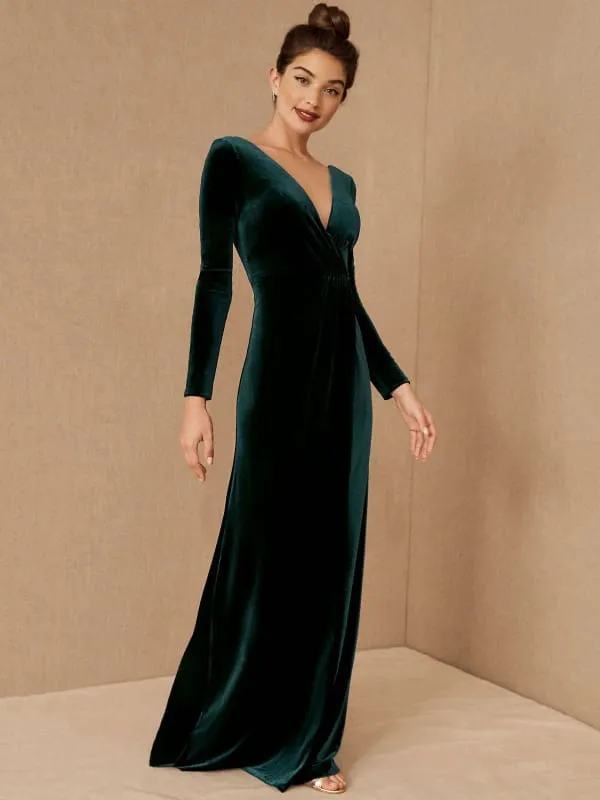 Burgundy Evening Dress A-Line V-Neck Long Sleeve Velour Floor-Length Formal Party Dresses