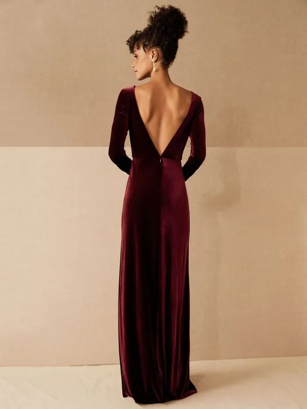 Burgundy Evening Dress A-Line V-Neck Long Sleeve Velour Floor-Length Formal Party Dresses