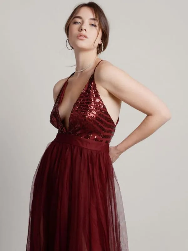 Burgundy Evening Dress A-Line V-Neck Tulle Floor-Length Pleated Maxi Formal Party Dresses