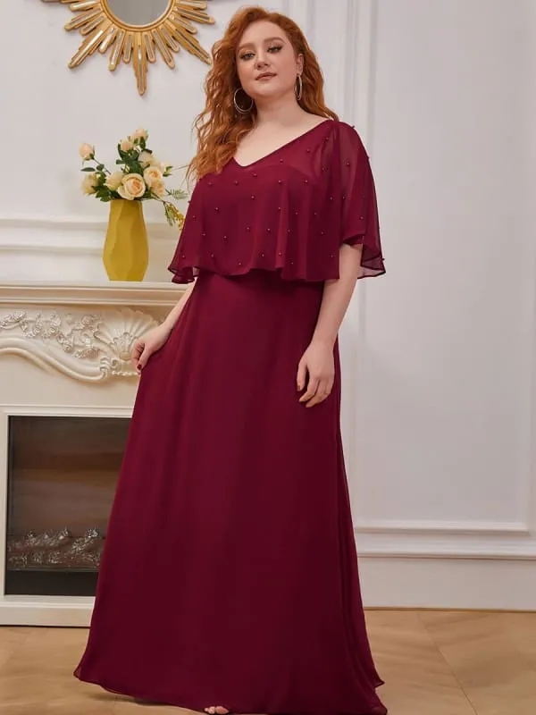 Burgundy Prom Dress A-Line V-Neck Chiffon Half Sleeves Beaded Long Party Dresses