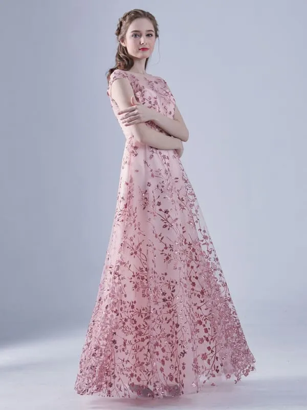 Cameo Brown Evening Dress A-Line Bateau Neck Floor-Length Lace Formal Dinner Dresses