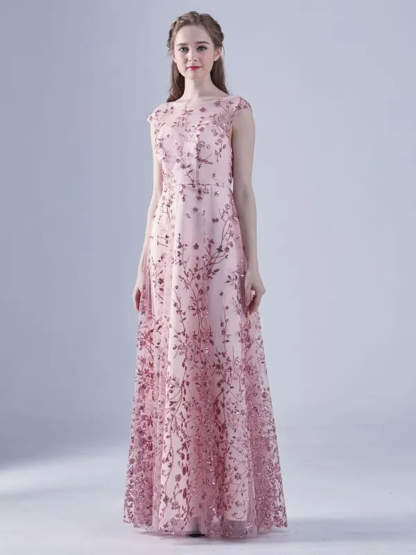 Cameo Brown Evening Dress A-Line Bateau Neck Floor-Length Lace Formal Dinner Dresses