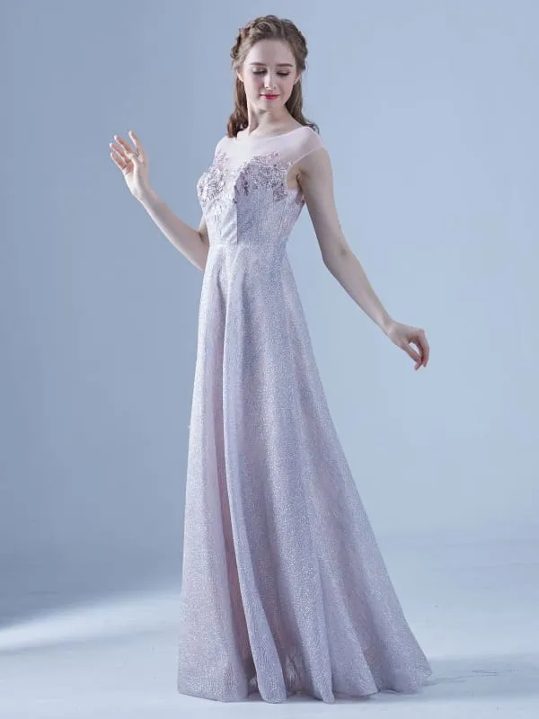 Cameo Brown Evening Dress A-Line Illusion Neckline Floor-Length Sleeveless Zipper Beaded Sequined Maxi Social Party Dresses