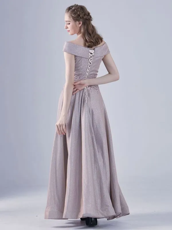 Cameo Brown Evening Dress A-Line Off-The-Shoulder Lace-Up Applique Lace Floor-Length Social Party Dresses