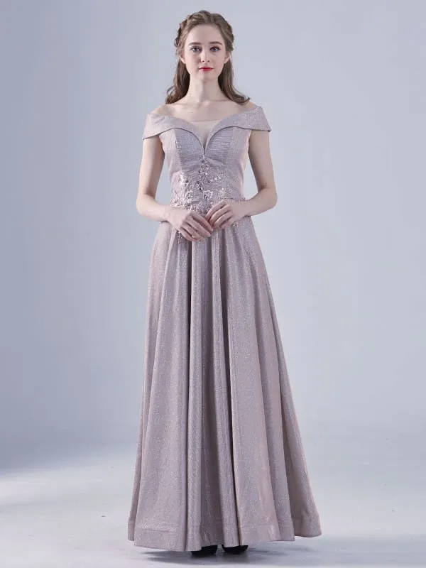 Cameo Brown Evening Dress A-Line Off-The-Shoulder Lace-Up Applique Lace Floor-Length Social Party Dresses