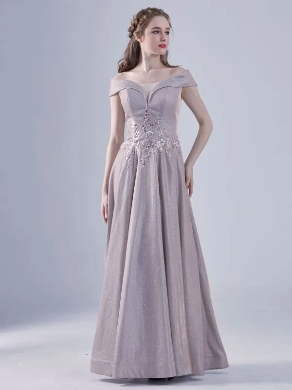 Cameo Brown Evening Dress A-Line Off-The-Shoulder Lace-Up Applique Lace Floor-Length Social Party Dresses