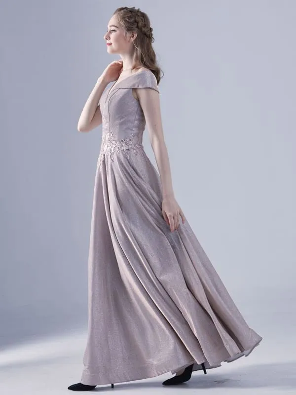 Cameo Brown Evening Dress A-Line Off-The-Shoulder Lace-Up Applique Lace Floor-Length Social Party Dresses