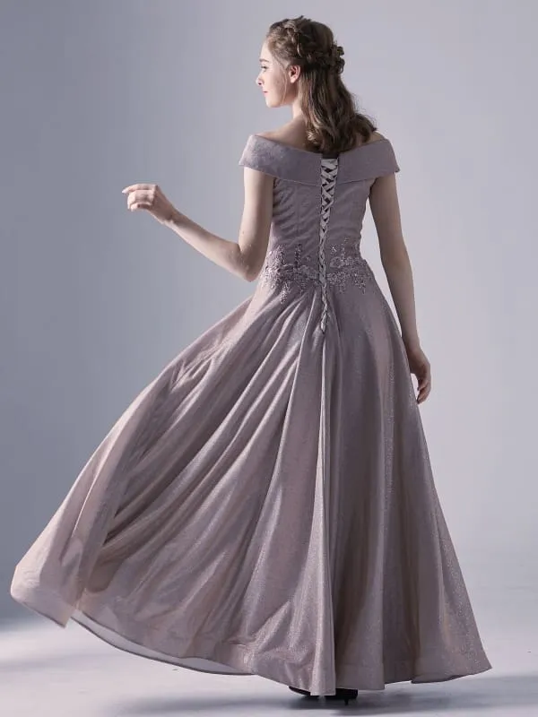 Cameo Brown Evening Dress A-Line Off-The-Shoulder Lace-Up Applique Lace Floor-Length Social Party Dresses