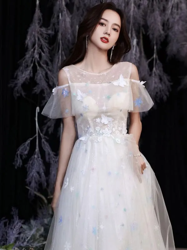 Champagne Evening Dress A-Line Jewel Neck Half Sleeves Zipper Butterfly Floor-Length Formal Lace Party Dresses