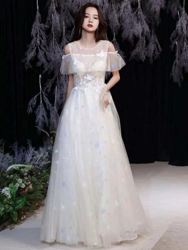 Champagne Evening Dress A-Line Jewel Neck Half Sleeves Zipper Butterfly Floor-Length Formal Lace Party Dresses