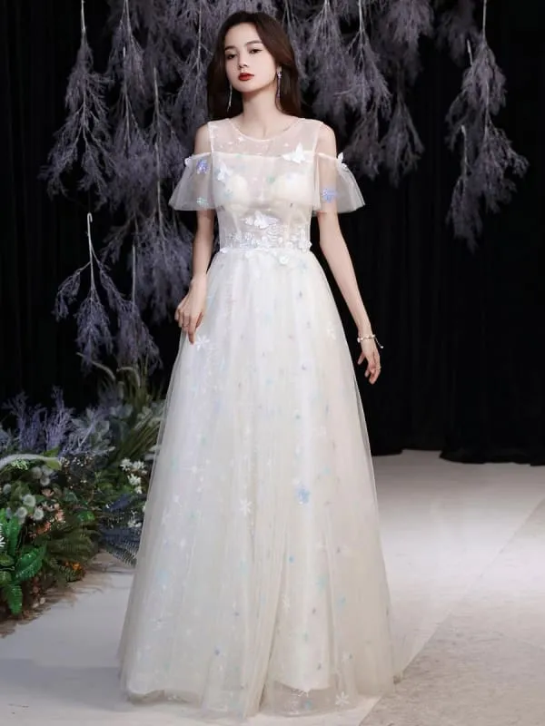 Champagne Evening Dress A-Line Jewel Neck Half Sleeves Zipper Butterfly Floor-Length Formal Lace Party Dresses