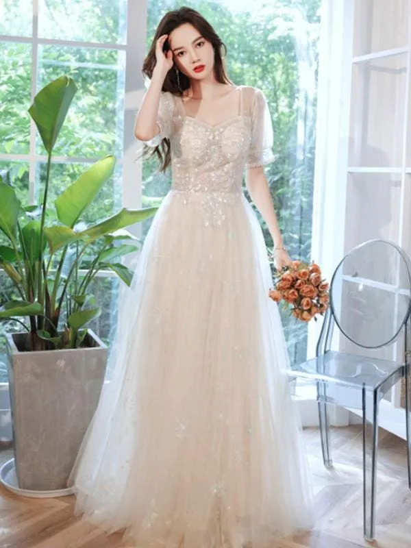Champagne Evening Dress A-Line Square Neck Lace Half Sleeves Applique Floor-Length Social Pageant Dresses