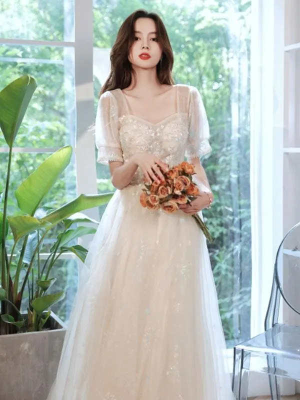 Champagne Evening Dress A-Line Square Neck Lace Half Sleeves Applique Floor-Length Social Pageant Dresses