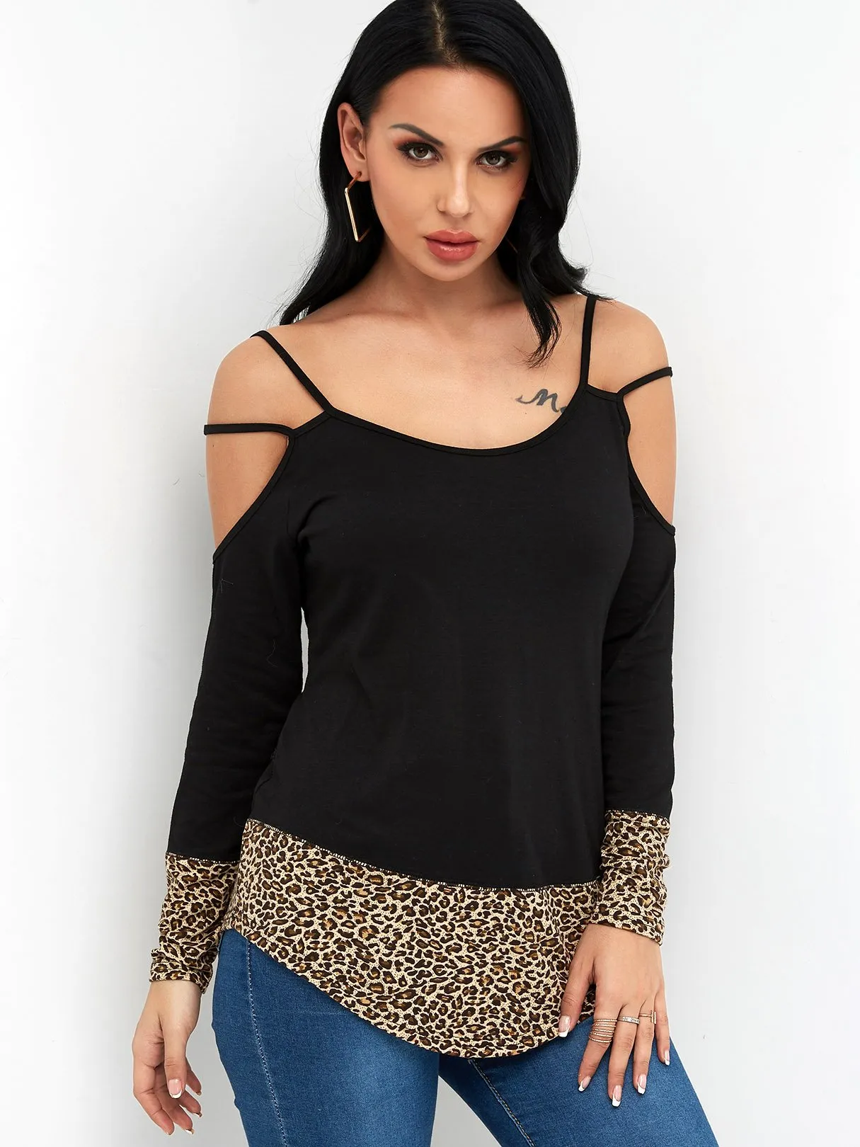 Custom Cold Shoulder Leopard Long Sleeve Black T-Shirts