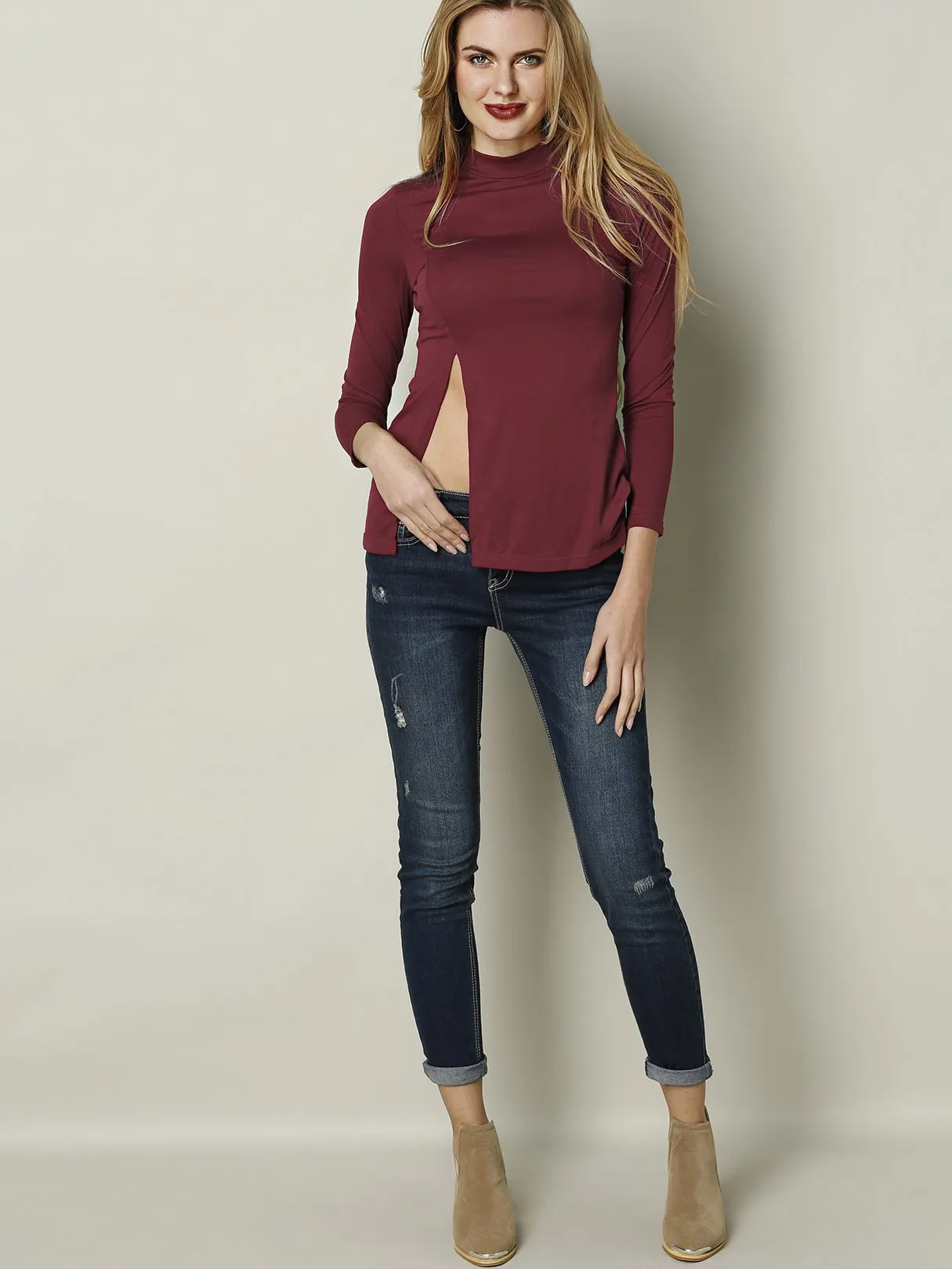 Custom Crew Neck Long Sleeve Slit Hem Burgundy T-Shirts