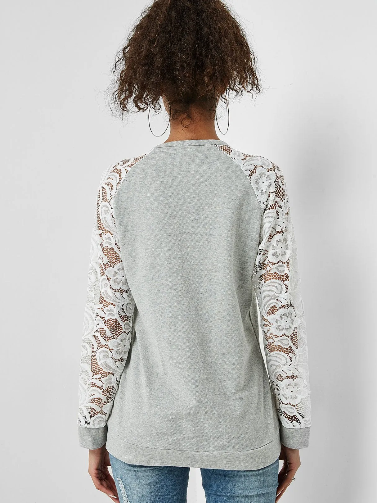 Custom Round Neck Lace Long Sleeve Grey T-Shirt