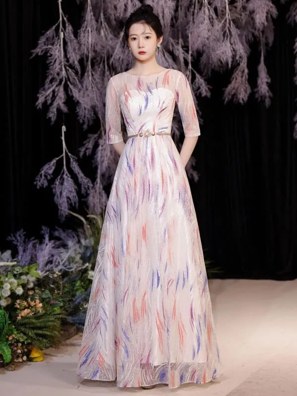 Eric White Evening Dress A-Line Jewel Neck Lace Up Sequined Sash Social Floor-Length Pageant Dresses