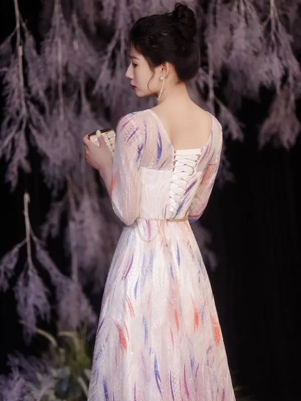 Eric White Evening Dress A-Line Jewel Neck Lace Up Sequined Sash Social Floor-Length Pageant Dresses