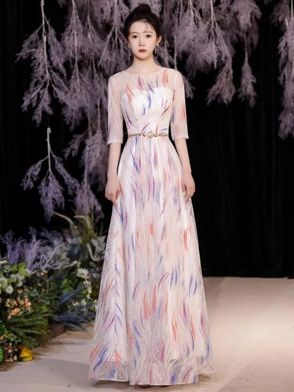 Eric White Evening Dress A-Line Jewel Neck Lace Up Sequined Sash Social Floor-Length Pageant Dresses
