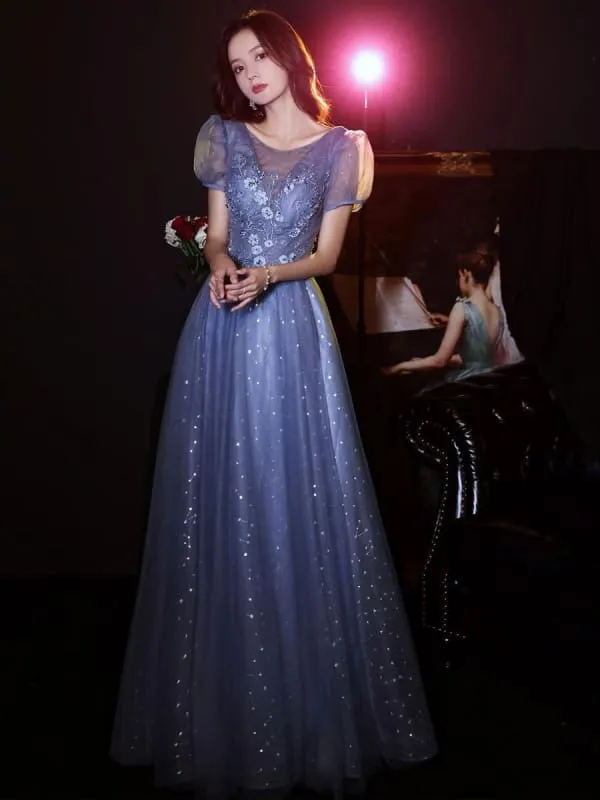 Evening Dress Blue Gray A-Line Jewel Neck Lace Applique Lace Up Floor-Length Formal Party Dresses
