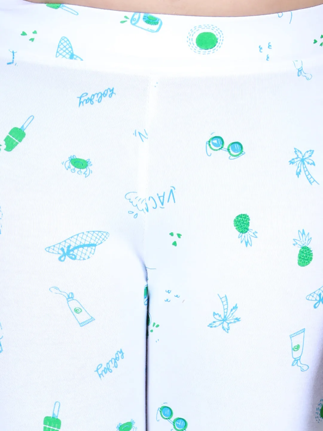 Girls White Cotton Lycra Holiday Inspired Printed Leggings